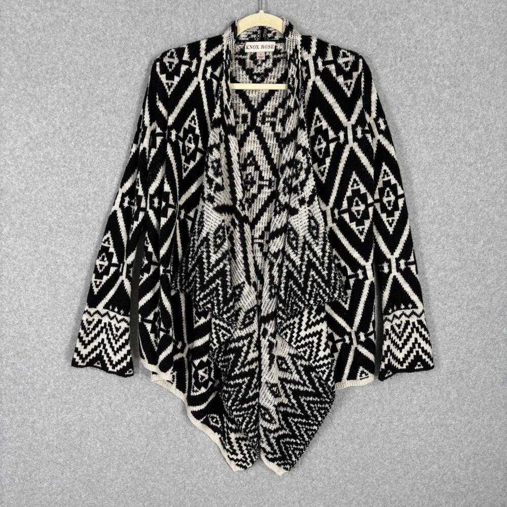 Knox Rose Cardigan Sweater Womens Small Black Cream‎ Aztec Southwest Boho Tribal
